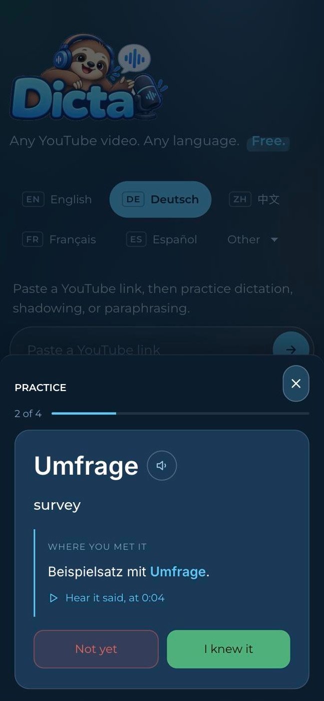 A flashcard showing a German word, its meaning and the sentence it was met in.