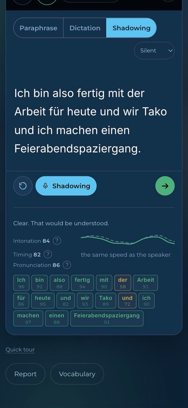 A shadowing result: intonation, timing and pronunciation scores, the pitch line against the speaker's, and every word scored.