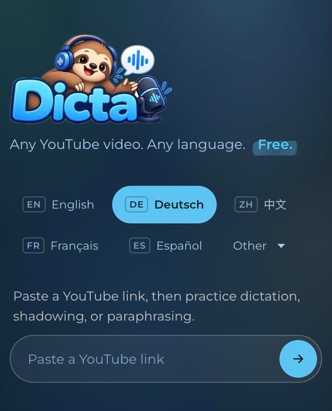 The start screen: choose a language and paste a YouTube link.